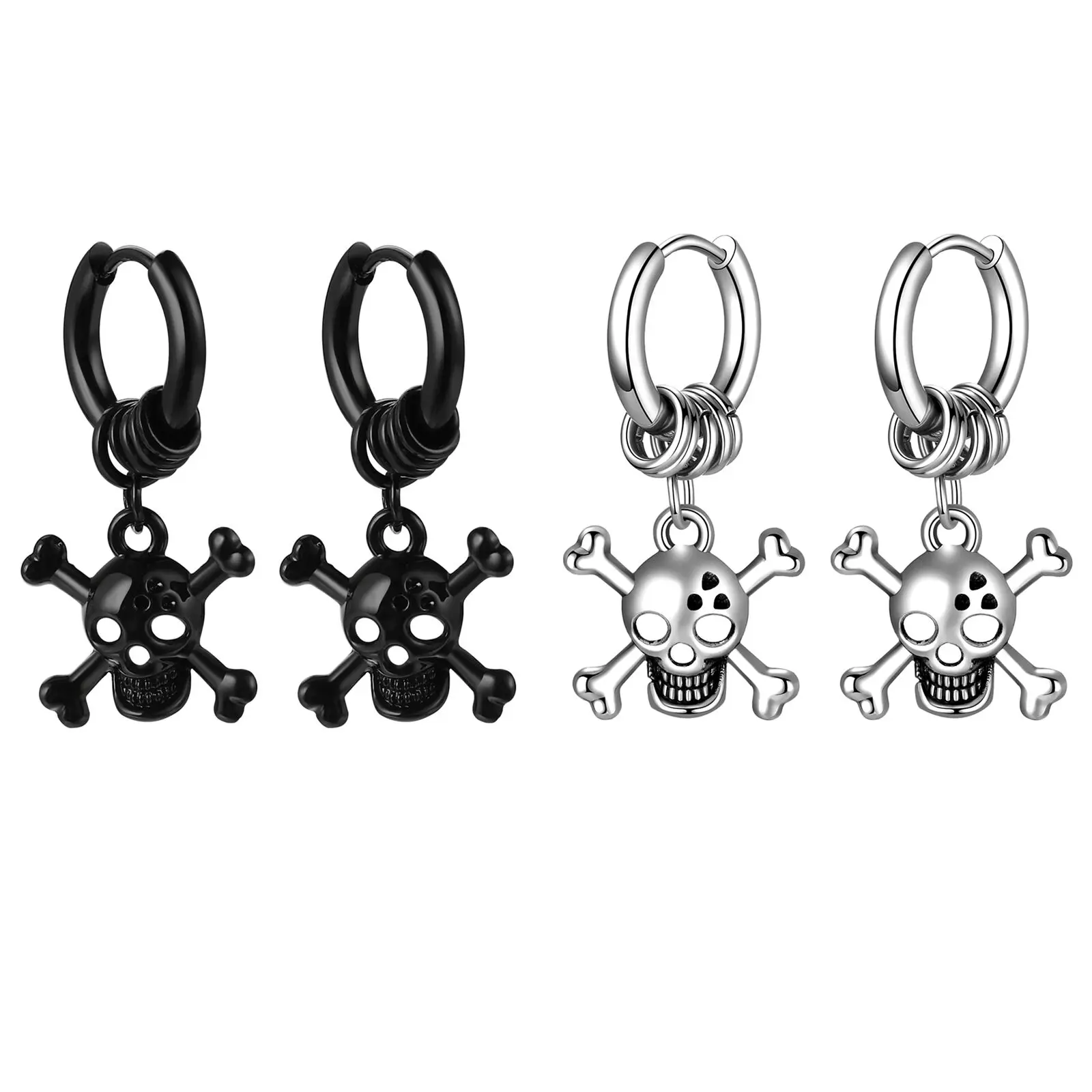 2pcs Stainless Steel Skull Head Earrings Drop Dangle Hoop Men Women Gothic Punk Halloween Gift