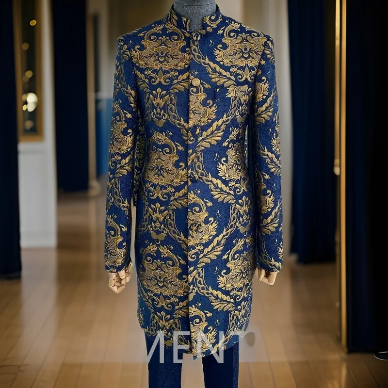 Жаккардовые Длинные мужские костюмы с воротником-стойкой пиджак из 2 предметов