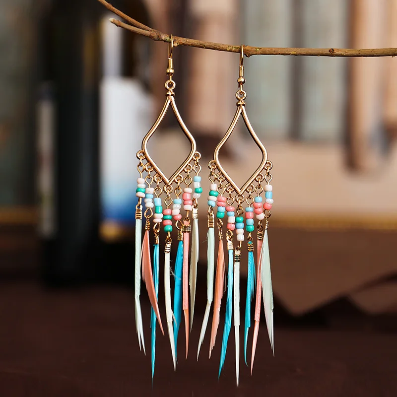 

Colorful Rice Beads Tassel Feather Earrings Bohemian Retro Copper Colored Metal Long Dangle Earrings for Women Fashion Jewelry