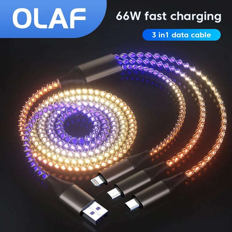 OLAF 3 в 1 66 Вт RGB цветной USB Type C кабель для Huawei P60 50 Xiaomi 13 Samsung Redmi мульти интерфейс зарядные шнуры для передачи данных