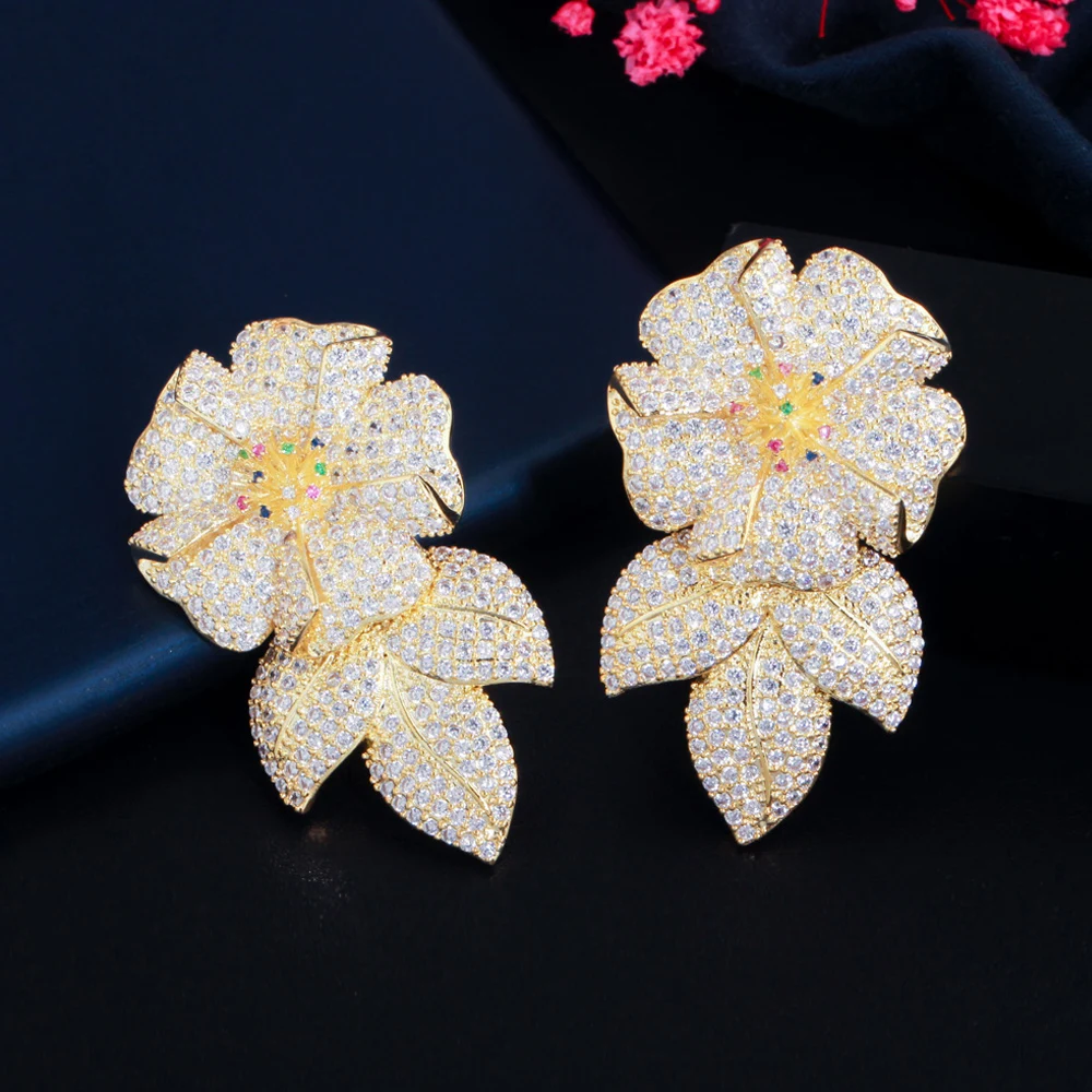 

ThreeGraces Shiny Micro Pave Cubic Zirconia Gold Color Big Flower Drop Earrings for Women Fashion Brazilian Party Jewelry ER973