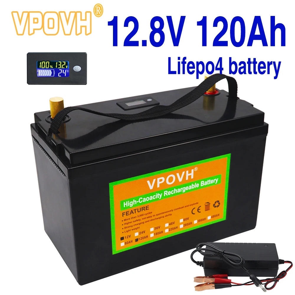 

12V 120Ah LiFePO4 Battery BMS Lithium Power Batteries 12.8V for RV Campers Golf Cart Off-Road Off-Grid Solar Wind with Charger