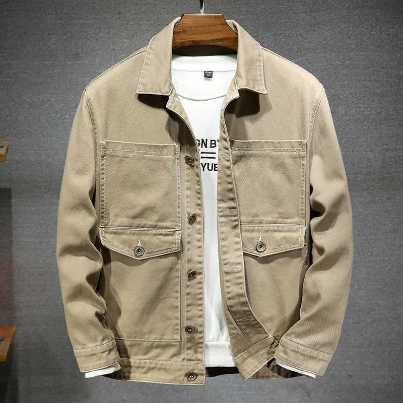 Khaki Men Cotton Denim Jacket Loose Comfortable Casual Pocket Jacket Fashion Streetwear Male Clothing Jean Jacket Plus Size 7XL