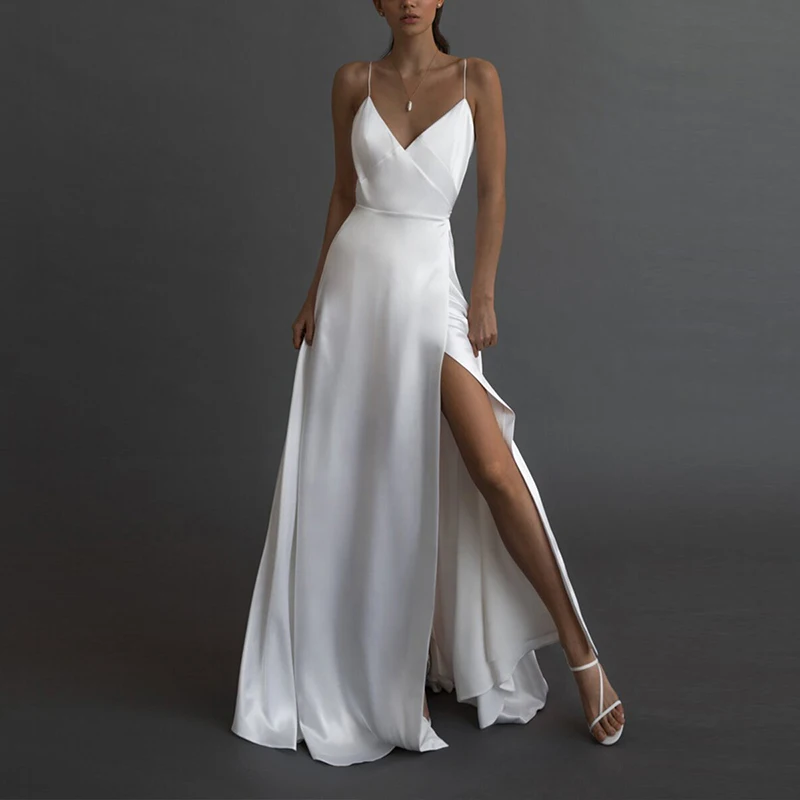 2022 Women Elegant Long Dress Sleeveless Camisole V-neck Solid Maxi Tank Split Fork White Dresses