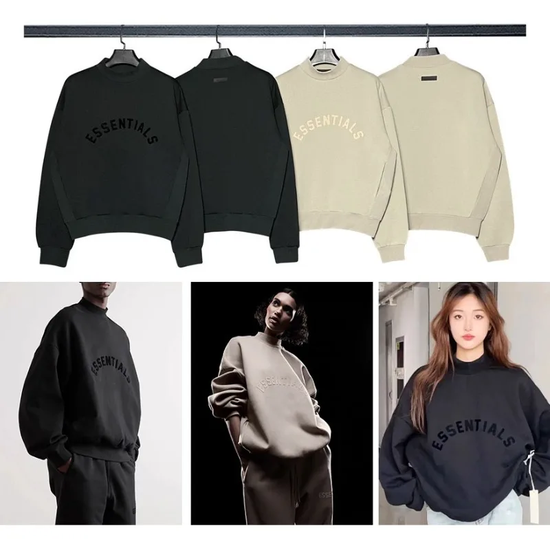 

ESSENTIALS Season 9 Brand Double Arched Letter Round Neck Sweater High Street Loose Men's Side Pocket Long Sleeve T-shirt