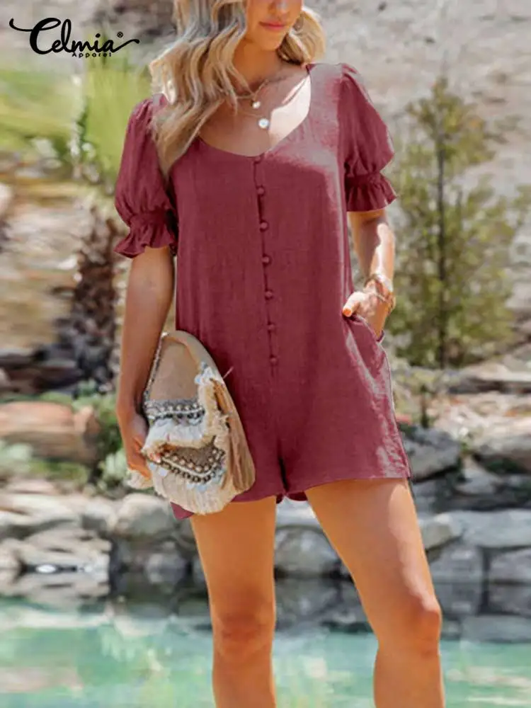 

Fashion Square Collar Rompers Women Celmia 2022 Vintage Puff Sleeves Playsuits Casual Loose Single Breast Pocket Short Jumpsuit