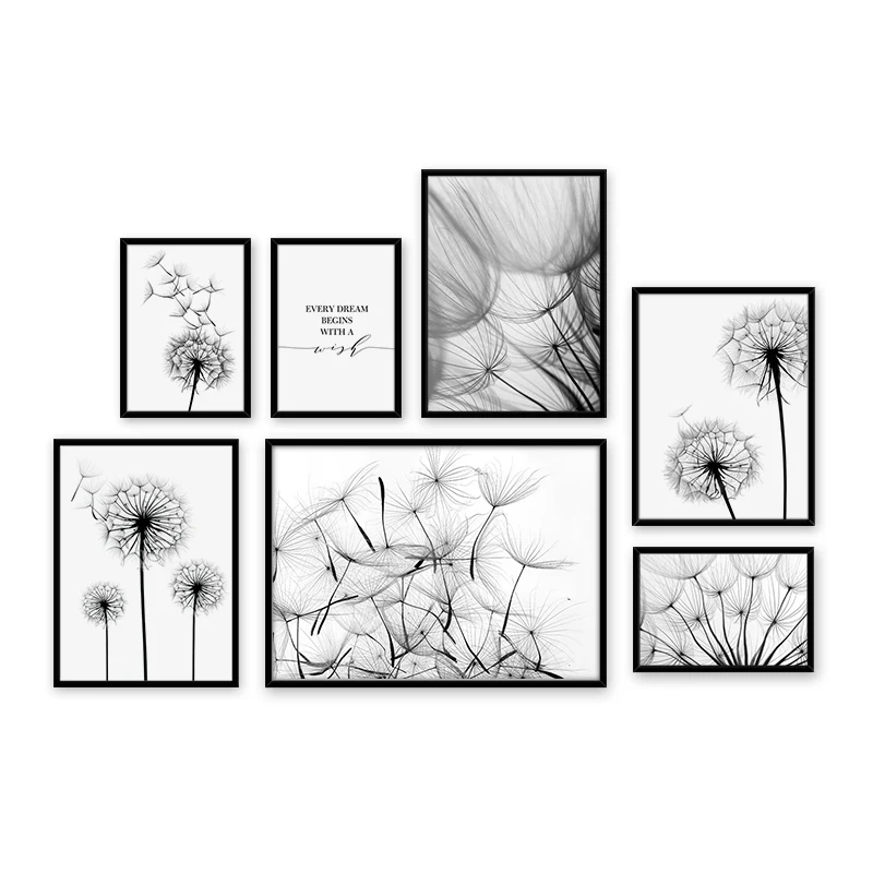 Цветок одуванчика черно-белый декоративный холст художественный принт постер