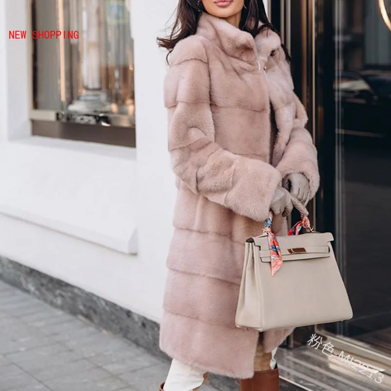 Faux Fur Coats Soft Warm Solid Color Women Parkas Fashion Long-Sleeved Stand Collar Fur Stitching Long Ladies Coat Winter Jacket