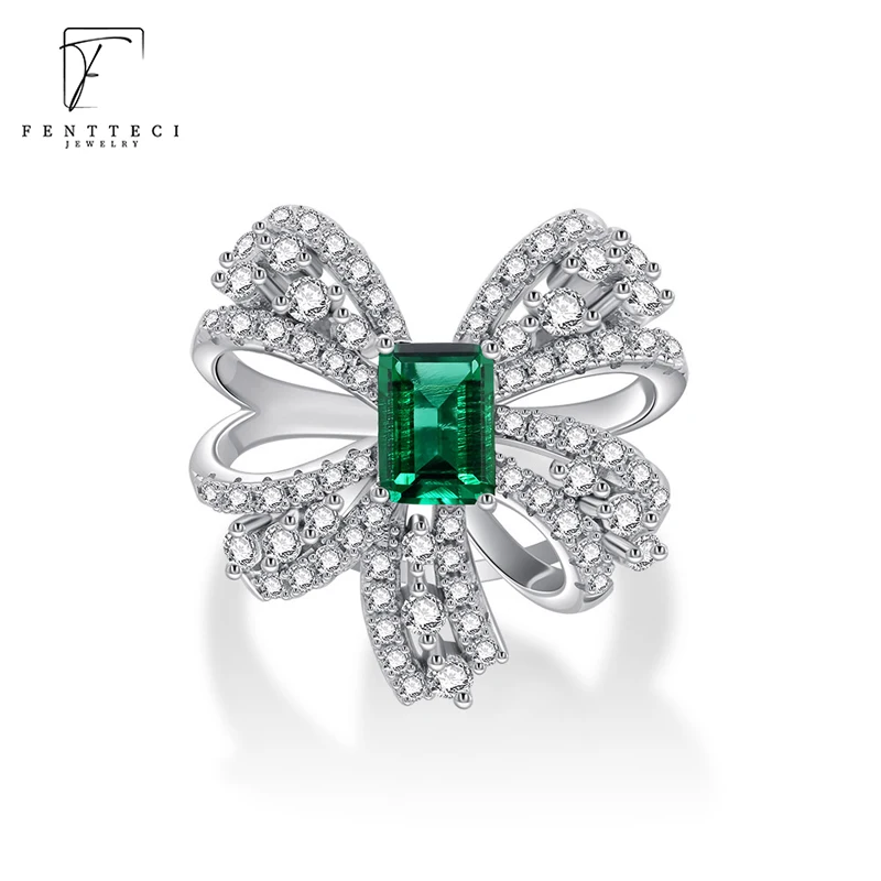 FENTTECI 925 Sterling Silver Domestic Retro Emerald Gemstone Bow Ring Necklace Luxury Jewelry Simulation Diamond Finger Ring