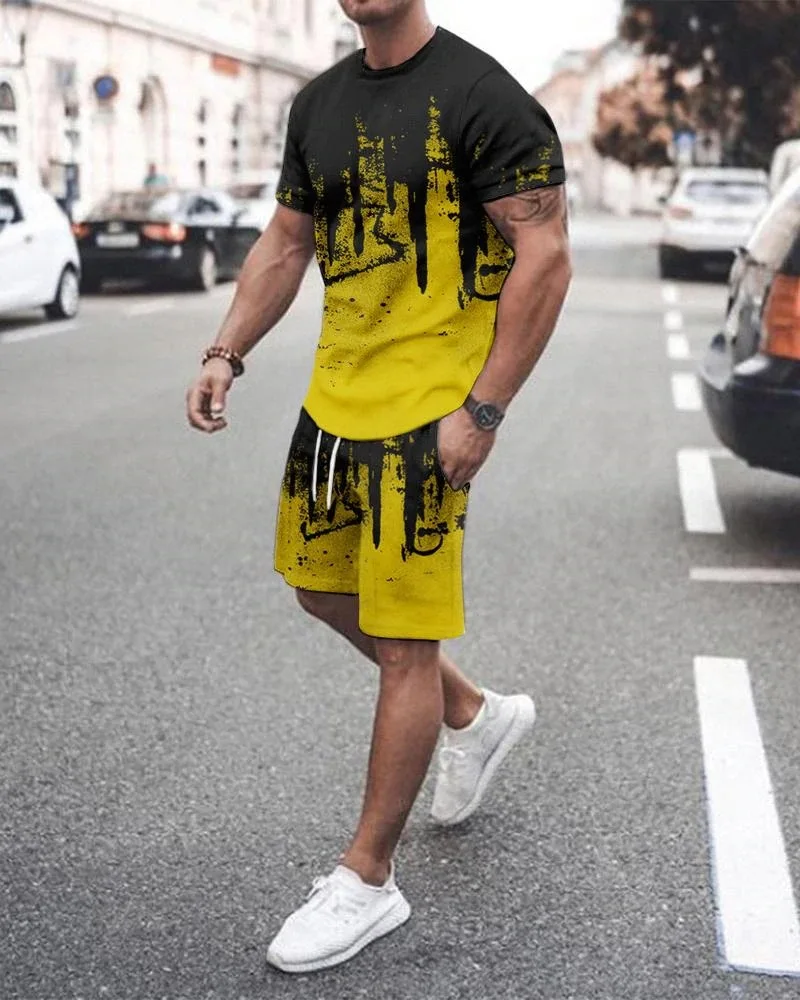 

Summer Casual New Fashion T-shirt Set Gradient Color Printing 2 Piece Outfit of Sportswear Short Sleeve Streetwear Men Clothing