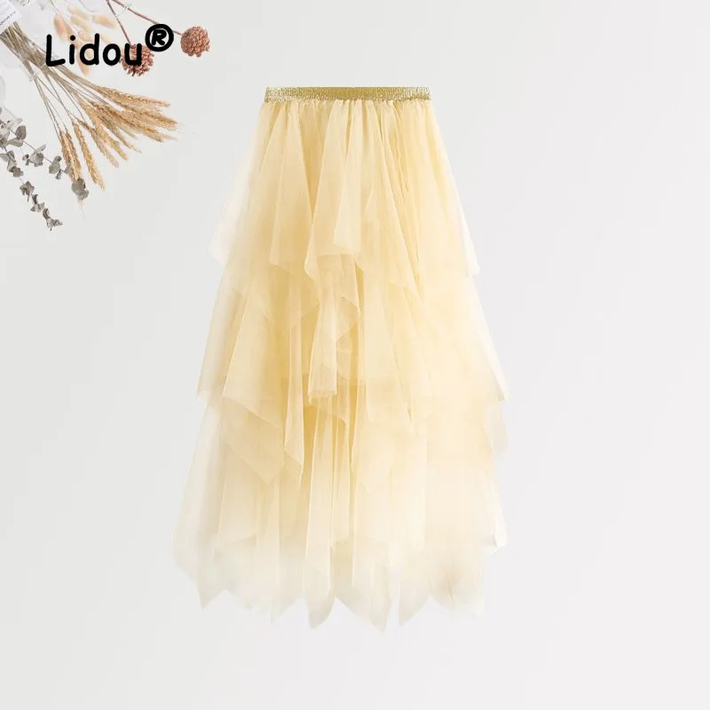 

Elegant Irregular Slim Four Layers Gauze Skirt Women Classic High Waisted Spring Casual All-match Good Quality Lady Midi Skirt
