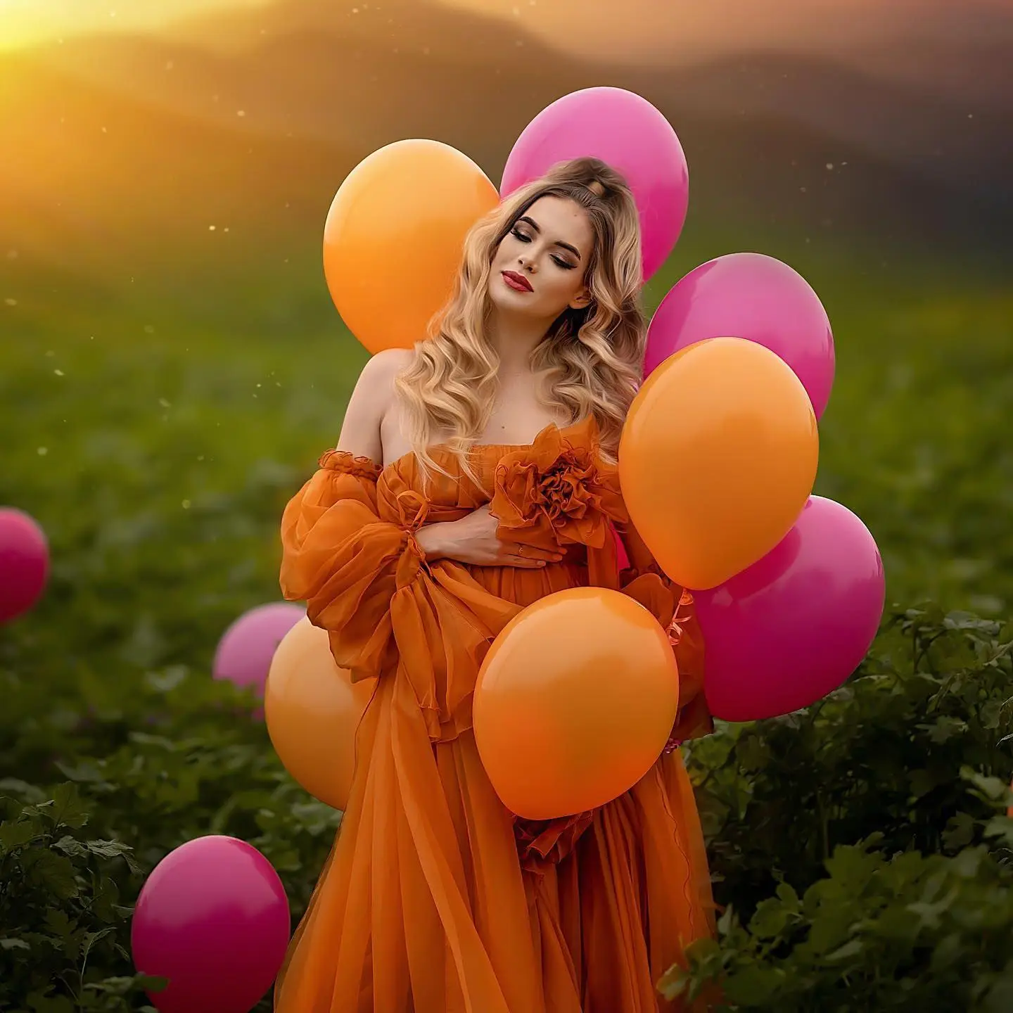 

Bright Orange Maternity Dresses for Photo Shoot Flower Ruffles Pregnancy Maternity Gown Long Sleeve Babyshower Dress