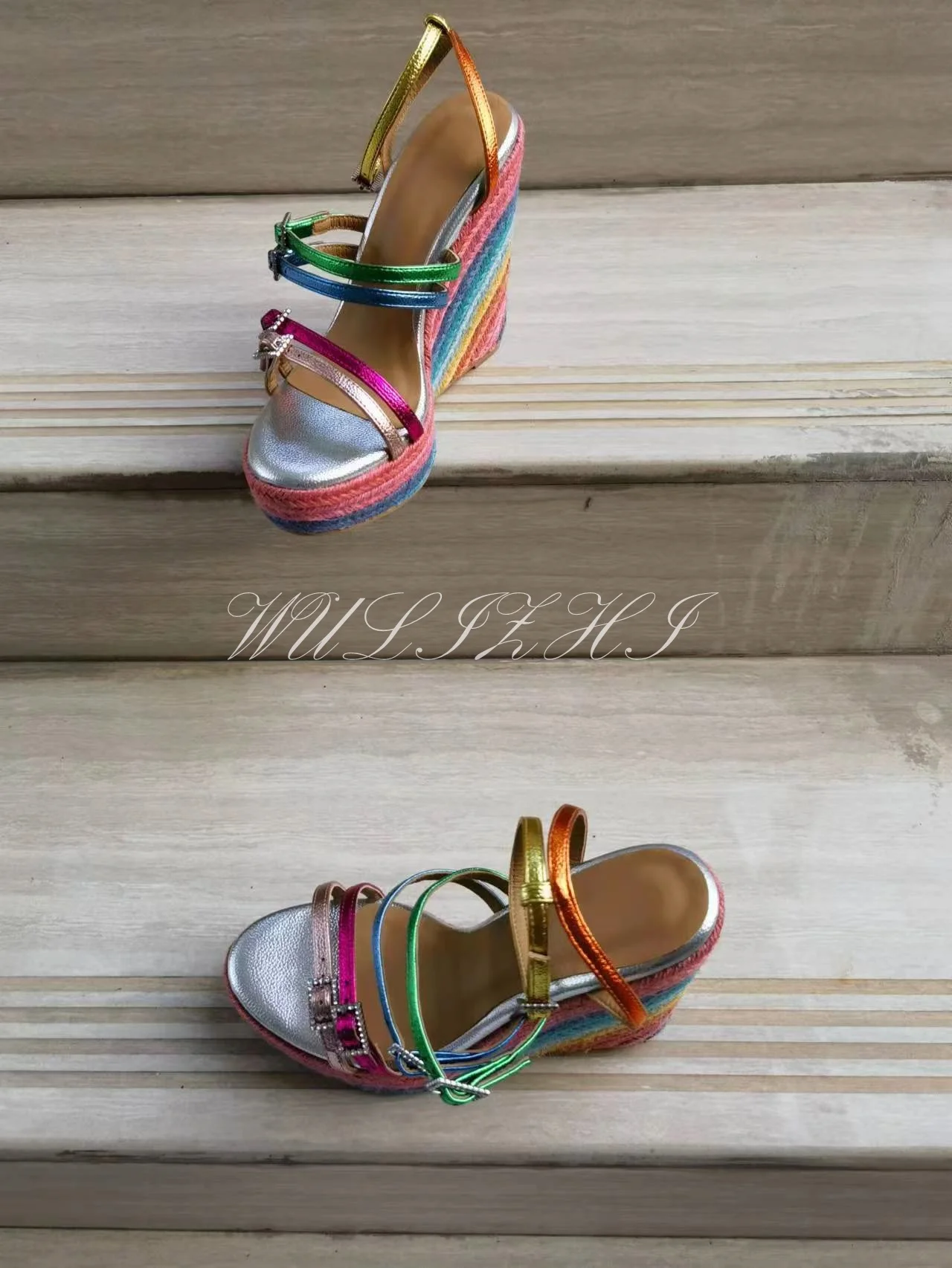 Colorful Espadarille Striped Open Wedge Platform Leather Strap Crystal Buckle Sandals Women Sexy Bling Hollow Slingback Shoes