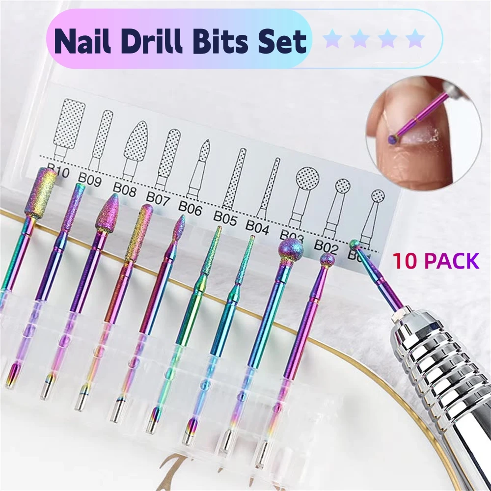 

10pcs Diamond Nail Drill Bits Set Colorful Coated Diamond Rotary Burr Cutter Clean Efile Bit for Electric Nail Drill