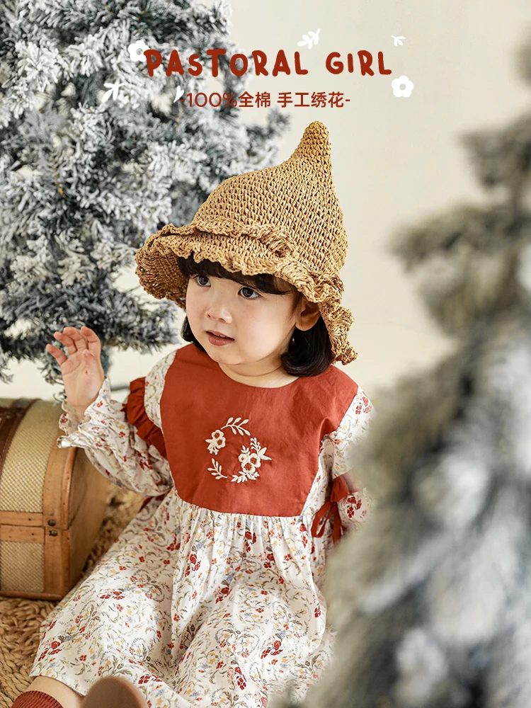 

Girls Spring Floral Dress Retro Contrast Color Bow Lace Baby Skin-Friendly Long Sleeved Dress