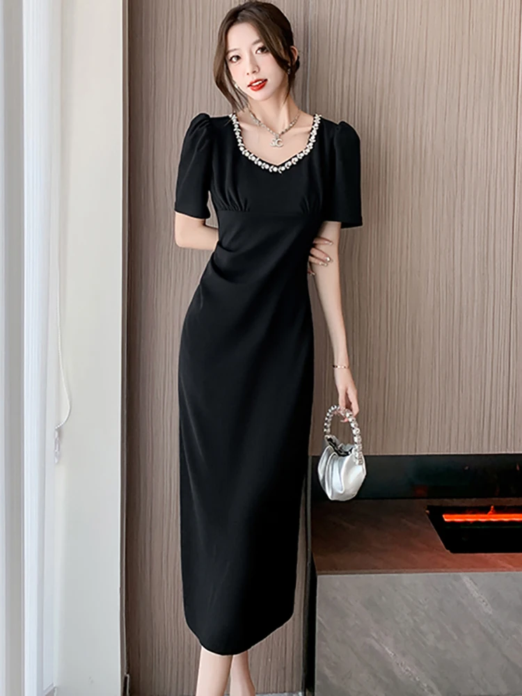 

Women Korean Vintage Hepburn Black Long Dress Summer Short Sleeve Diamonds Square Collar Dress 2023 Elegant Bodycon Party Dress