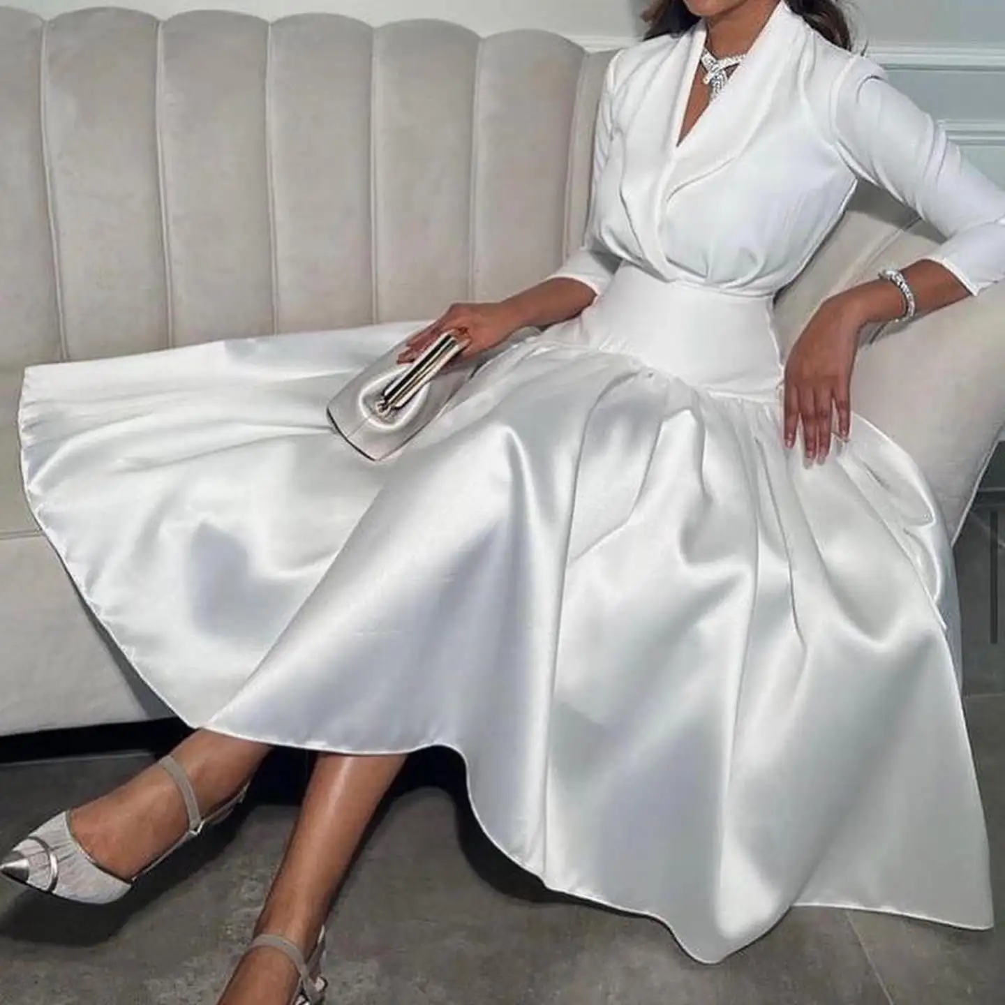 

GIOIO V-Neck Luxury Formal Evening Dresses Pleat Lapel Long Sleeves فساتين سهرة Ankle Length Elegant Prom Growns Party Women