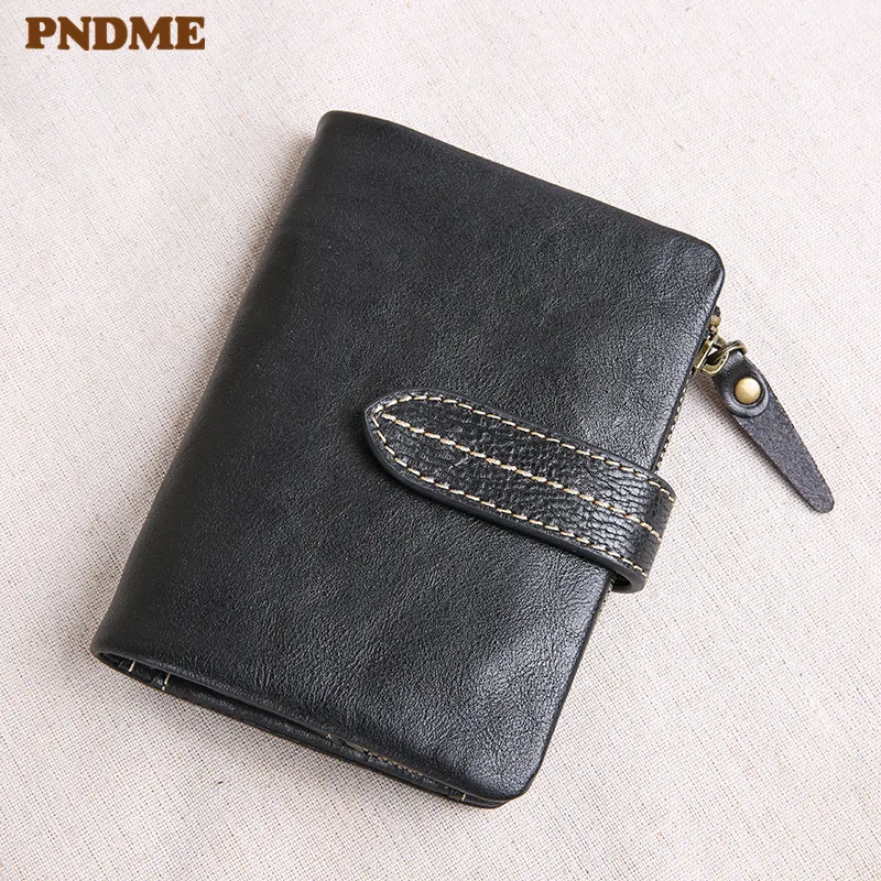 Genuine leather large capacity men women's tri-fold small wallet simple casual real cowhide credit card holder black coin purse