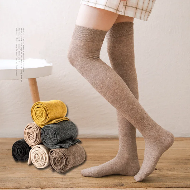 

2 Pairs Women Stockings Winter Solid Color Cotton Knee High Socks Ins Fashion Girls Calf Slim Long Socks Female