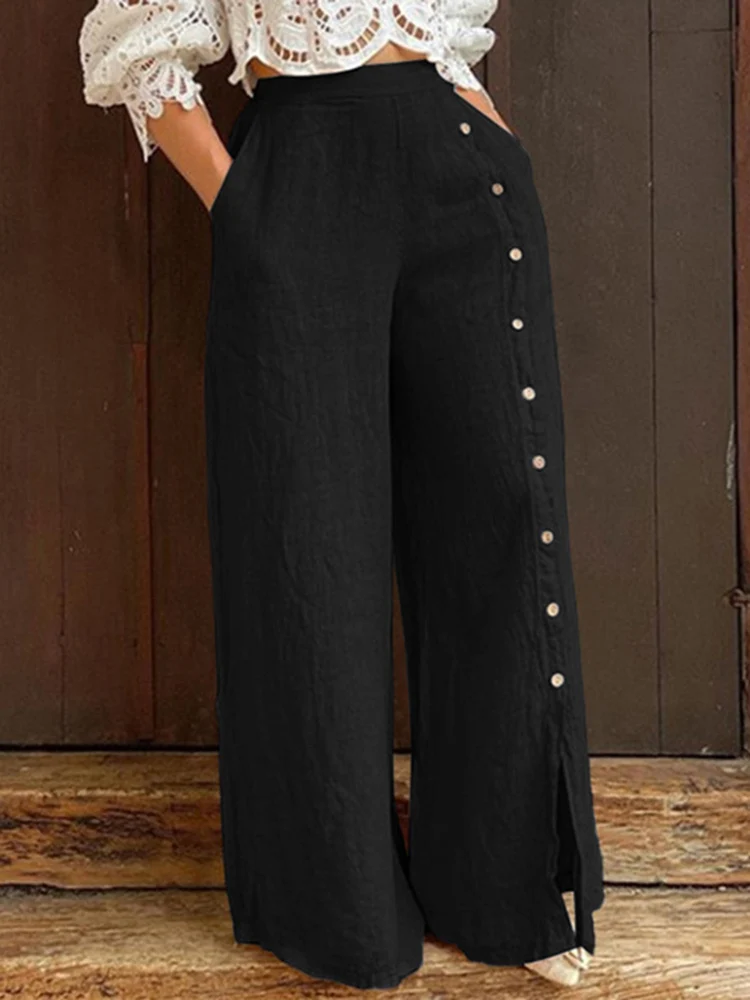 2023 ZANZEA Spring Fashion Wide Leg Pants Women Elastic Loose Trousers Femme Work Palazzo Casual Solid Buttons Pantalon Oversize