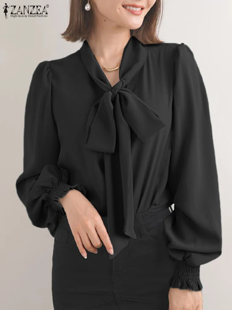 

Женские однотонные Топы с длинным рукавом, Элегантная блузка с бантом для свиданий, Модная элегантная рубашка ZANZEA сезона весна-осень 2022 год...