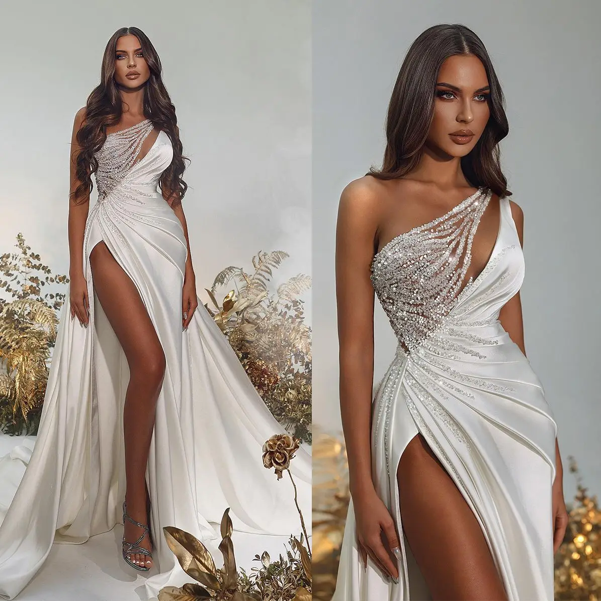 

Graceful White A Line Evening Dresses Simple One Shoulder Sleeveless Prom Dress Side Split Formal Party Gowns