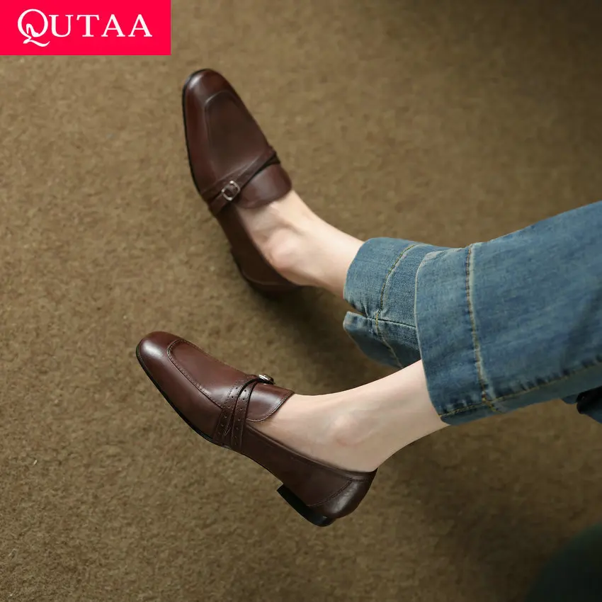 

QUTAA/2023 г. Женские туфли-лодочки Женские повседневные офисные туфли из натуральной кожи на низком каблуке без шнуровки женские весенне-летние размеры 34-39