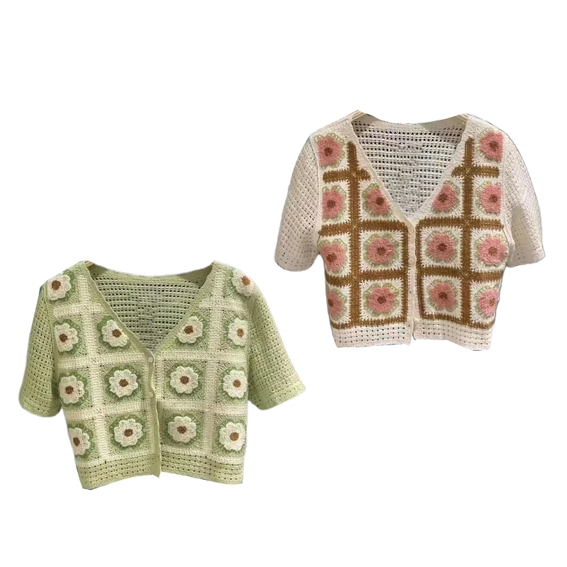 

Women Summer Hollow Out Crochet Knit Short Sleeve Crop Top Cardigan Pastoral Style Plaid Floral Embroidery V-Neck Button P8DB