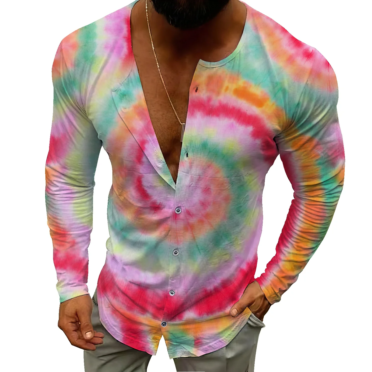 

Men's Stand Collar Long Sleeve T-Shirt Youth Slim Trend Personality Clothes Men's Summer Fashion Tie Dye Cardigan