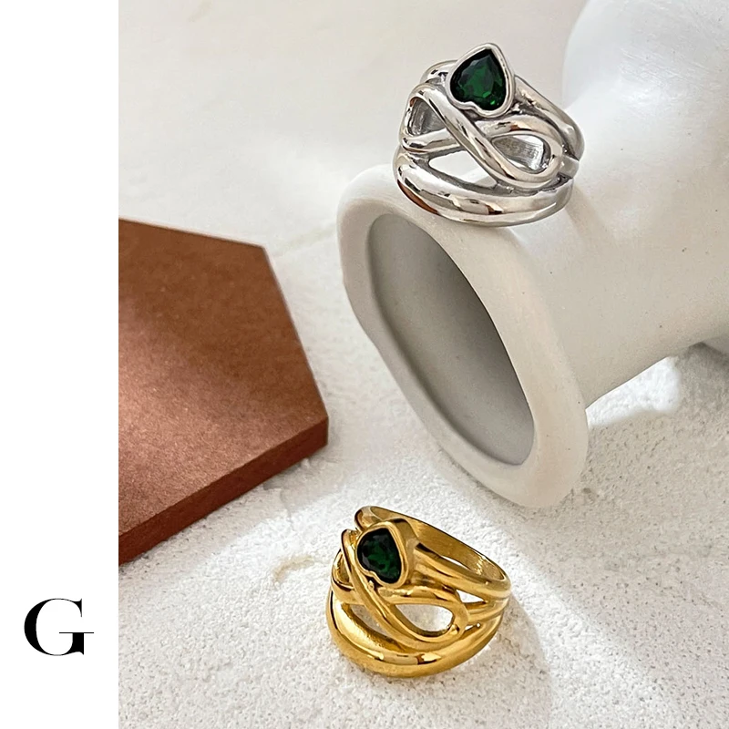 

Ghidbk Hyperbloe Gold Silver Color Stainless Steel Wide Hollow Infinity Rings Green Faceted Zircon Gem Heart Zircon Rings Chunky