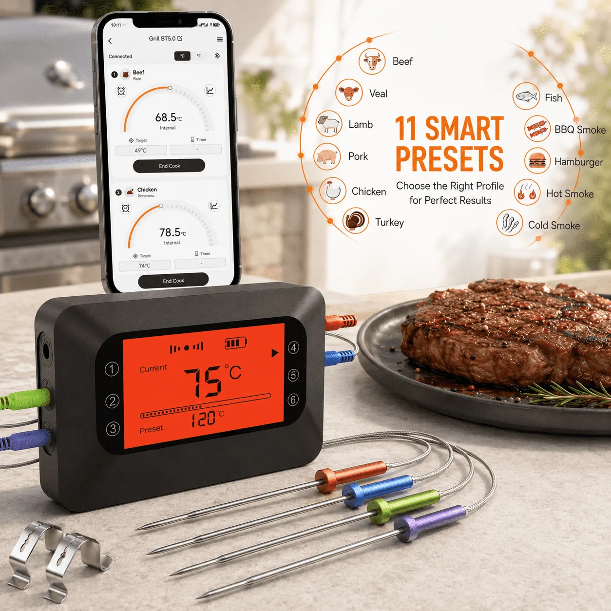 Фото Беспроводной термометр для мяса с Bluetooth, с функцией удаленного управления через приложение и сигнализацией, поддерживает подключение до 6 датчиков для барбекю, духовки, измерения температуры воды. №3
