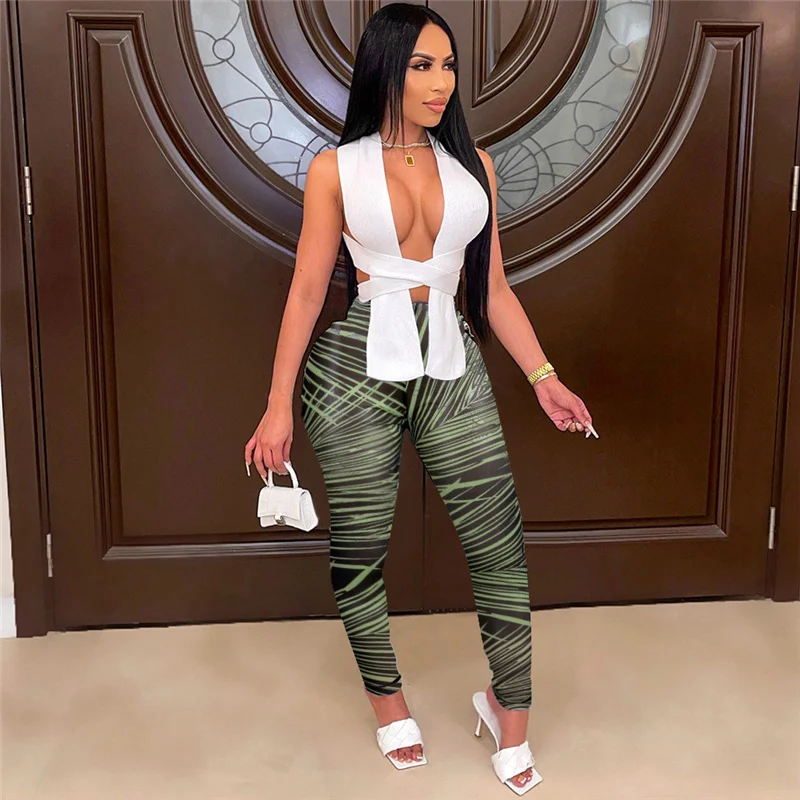 Sexy Two Piece Outfits for Women Club Wear Co Ord Sets Knitted Bandage Tops and Printed Leggings Party Matching Sets Undefined