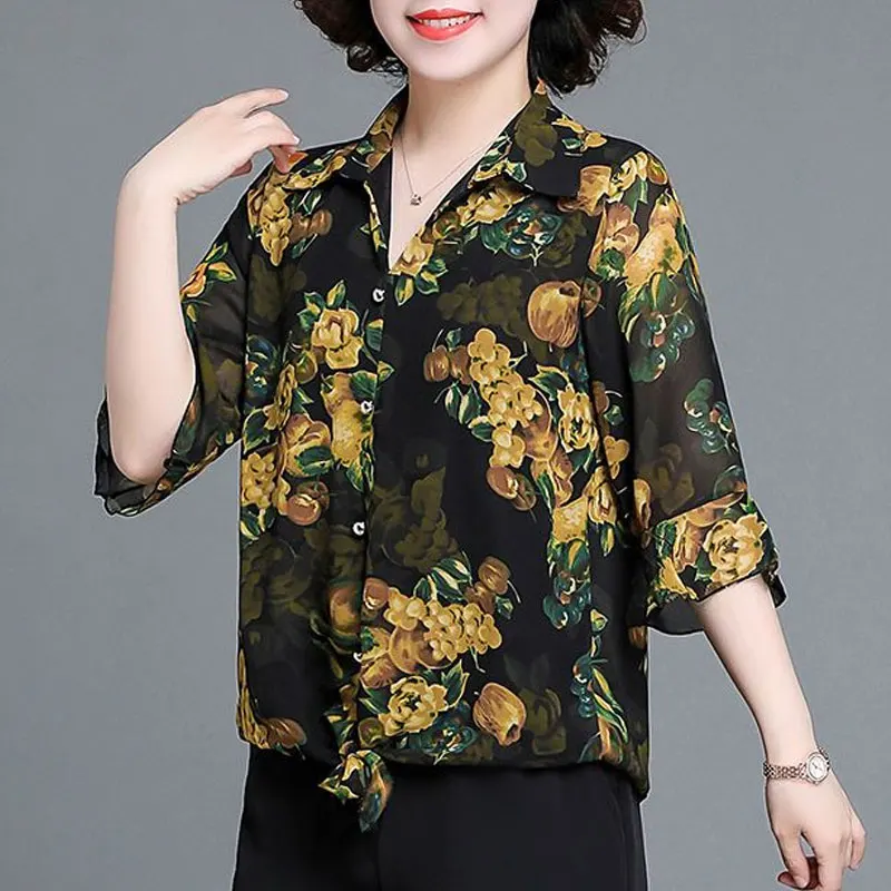 Fashion V-Neck Button Shirt Casual Loose Floral Printed Women's Clothing Commute Summer Half Sleeve Ruffles Patchwork Blouse New