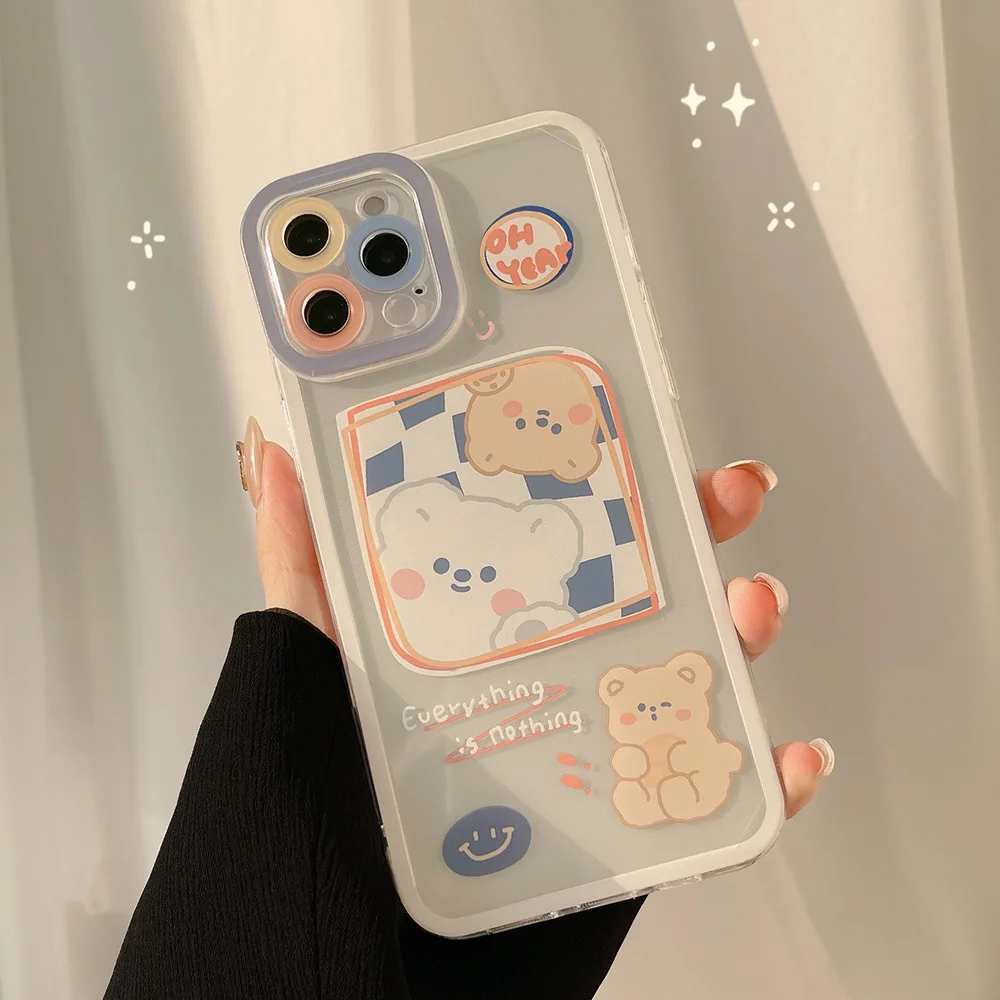 

Painted Cartoon Window Blue Checked Bear Phone Case For iphone 14 13 12 11 Pro Max X XR XSMAX 7 8 Plus SE TPU Case Cover