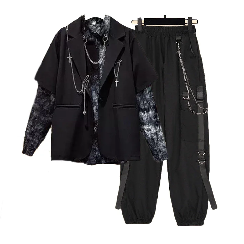 

2022 Women Chain Cargo Pants+Chian Blouse+Chain Vest Women Streetwear Harajuku 3 Piece Set For Women Pants