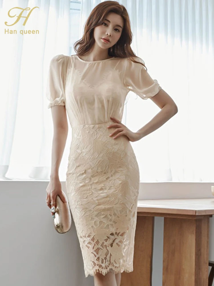 

H Han Queen New Vintage Patchwork Lace Vestidos Simple Chic Work Wear Dress Women Office Bodycon Sheath Casual Pencil Dresses