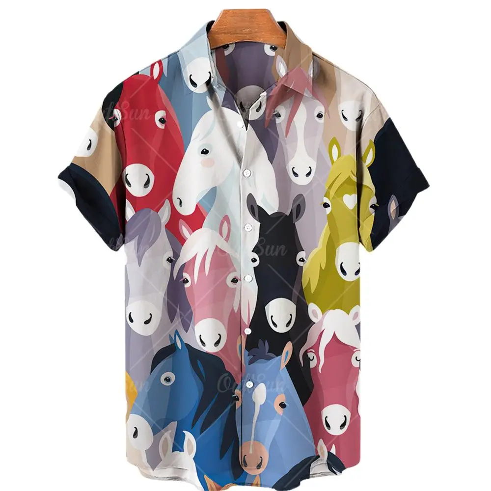 Hawaiian Short sleeve Rainbow Horse Men's Shirt, breathable Harajuku top, Stylish casual vintage clothing, oversized top, Summer