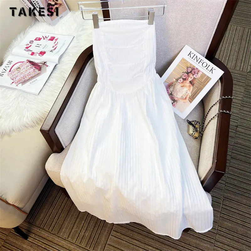 

Women Sexy Strapless Solid Color Off Shoulder Fairy Dresses 2023 Summer High Waist Chiffon Elegant Slim Fit Party Draped Dress