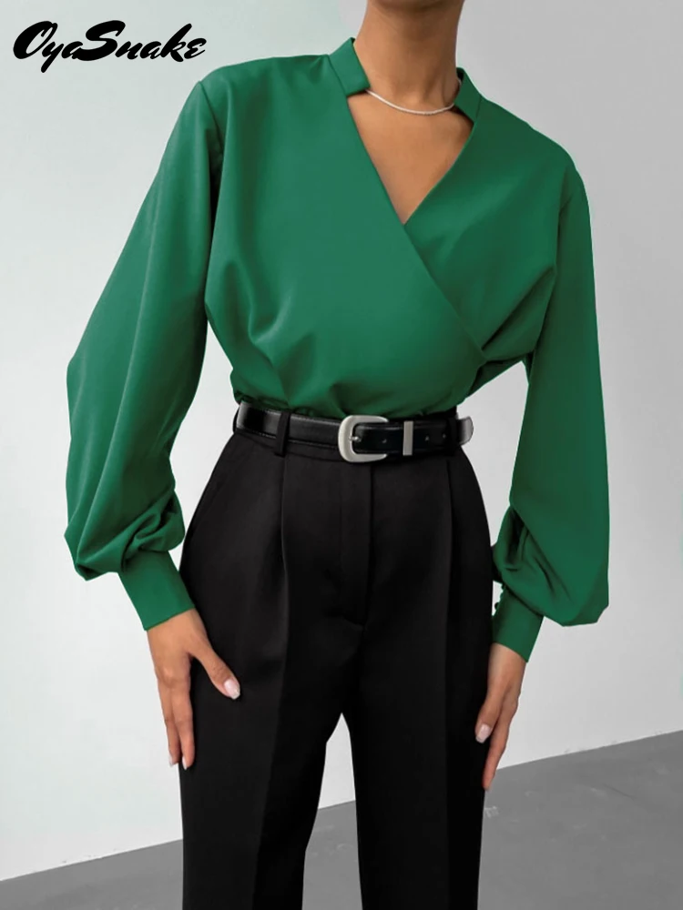 

Oyasnake 2022 Spring Lantern Sleeve Elegant Shirt Sexy Vintage Cross V Neck Office Ladies Female Casual Blouse