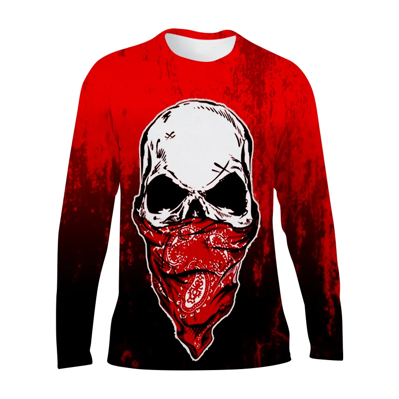 

Spring Autumn Men's Horror Skull Long Sleeve Smiley XX 3D Printing Letters Solid Color Poker Retro Street Hip Hop Personality