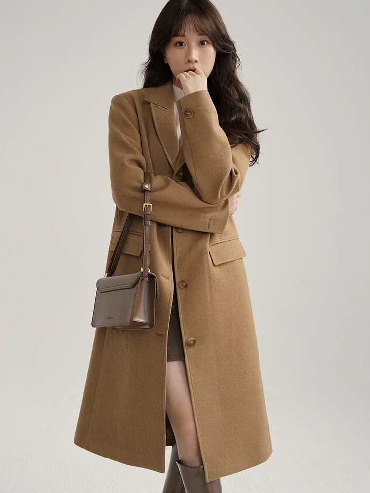 Women's Winter Essential Melard Style Vintage Notched Lapel Wool Coat Simple Mid-Length Outerwear Chic Design