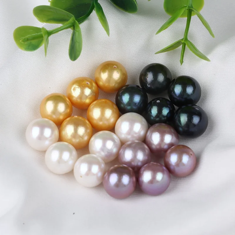 

11-12mm round half hole drilled loose natural freshwater pearls beads