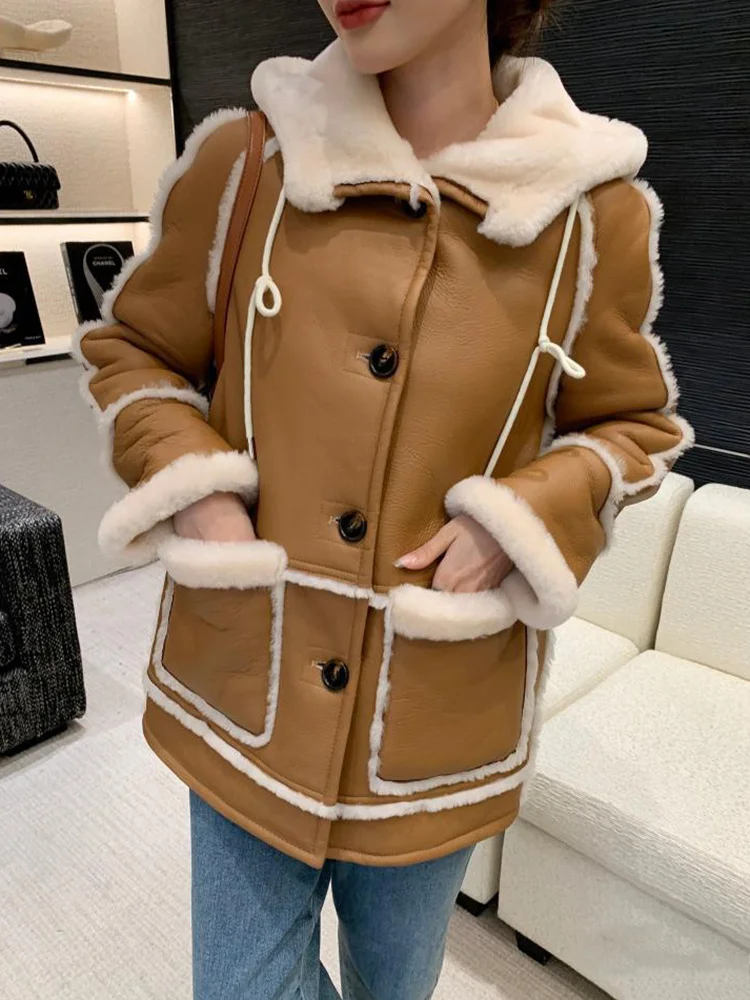 

Genuine Leather Lambswool Jacket Women Fashion Double-sided Wear Mid-length Luxury Merino Sheep Fur Hooded Sheepskin Coats