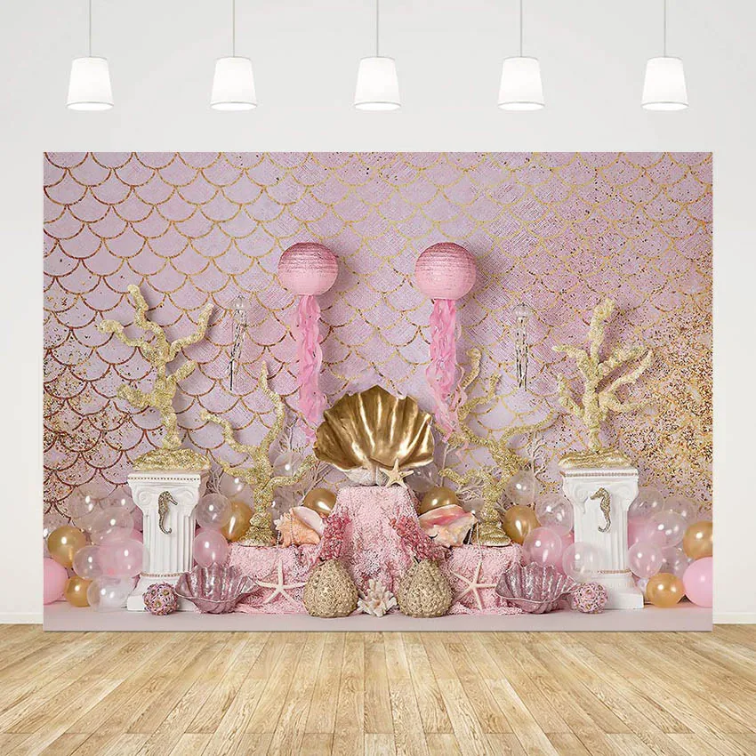 

Mehofond Photography Background Undersea Mermaid Gold Shell Princess 1st Birthday Cake Smash Decor Backdrop Photo Studio Props