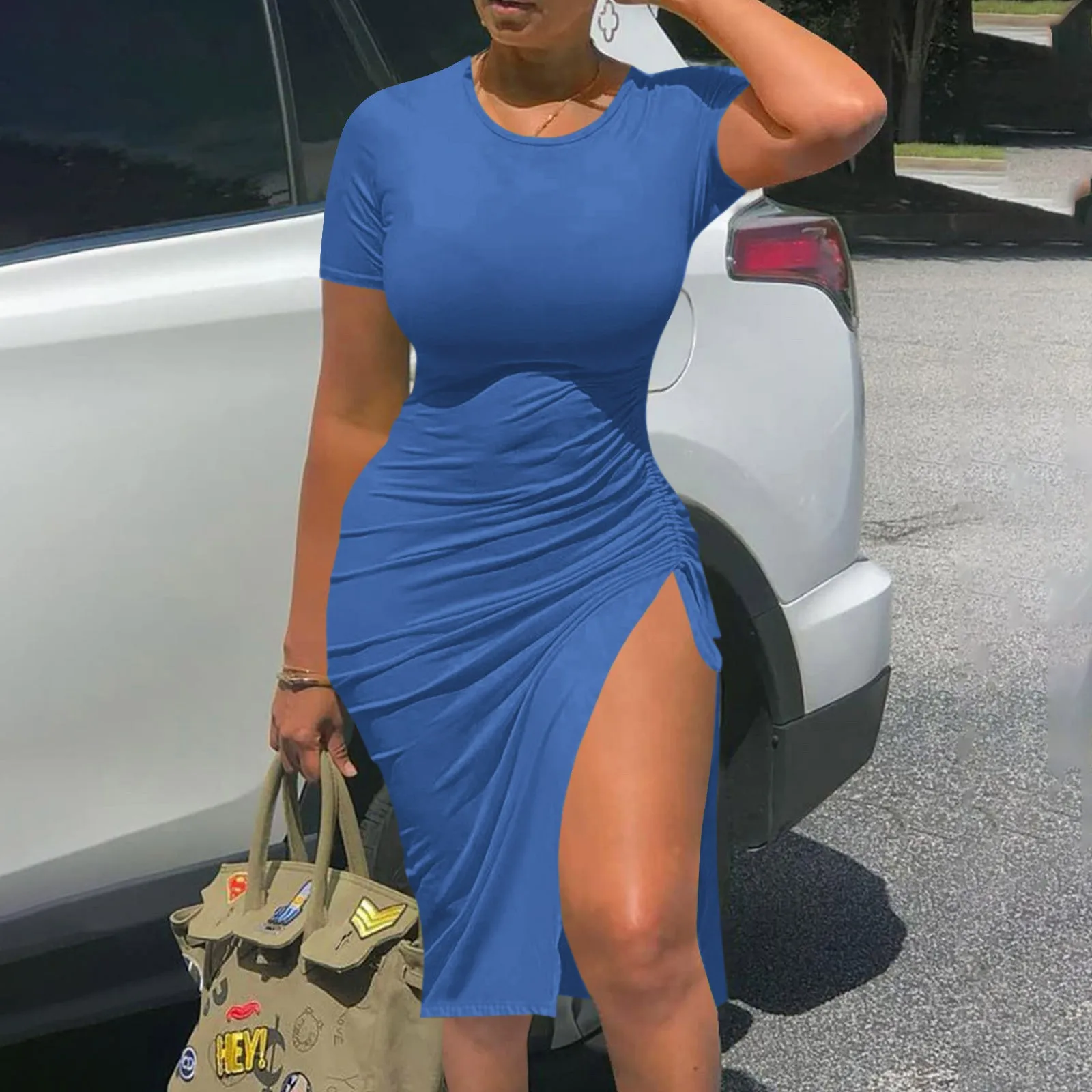 

Винтажное Летнее мини-платье для женщин 2023 Новое модное облегающее платье с круглым вырезом на шнуровке с коротким рукавом элегантное платье