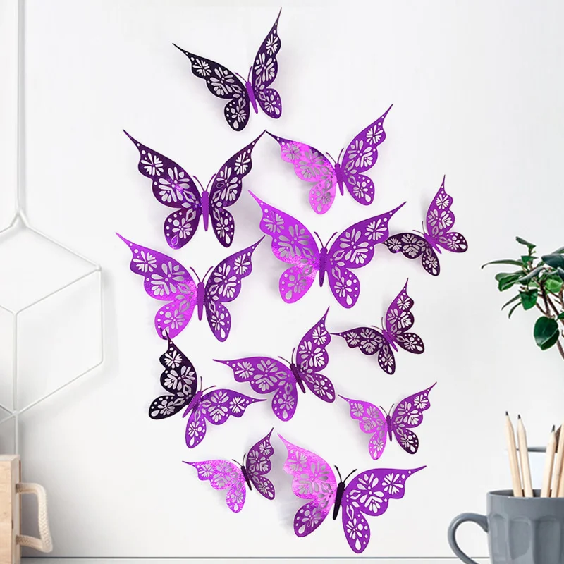 

12pcs 3D Hollow Butterfly Wall Décor 3 Sizes Butterfly Decor Hollow Carving Butterfly Exquisite Design Party Cake Decorations