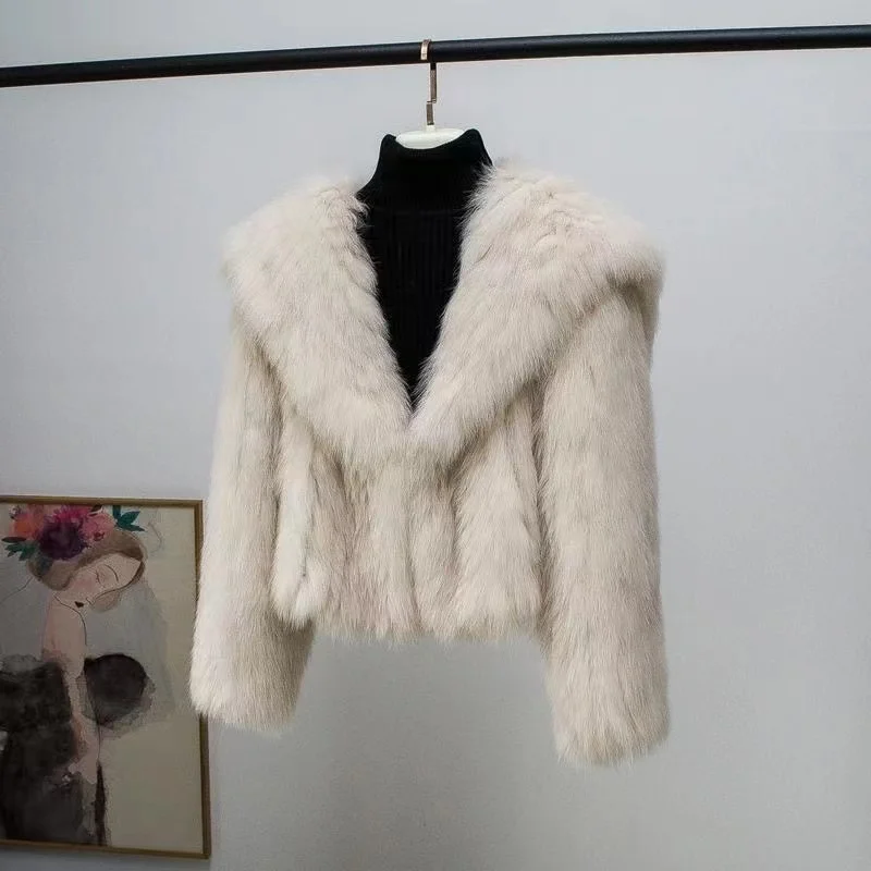 Women's High Brand Fur Coat New Fox Fur Sailor Collar Woven Short Top Fashion Short Loose Wool Jackets for Ladies New Design