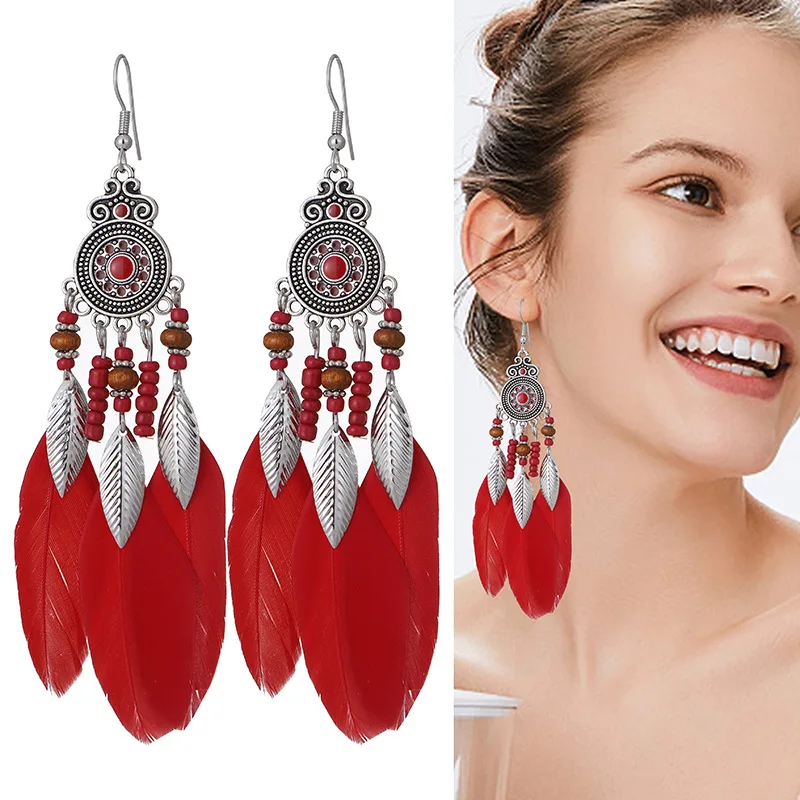 

Red Feather Tassel Earrings 8-Colors Bohemian Retro Disc Drip Oil Long Pendant Earrings for Women Party Fashion Jewelry