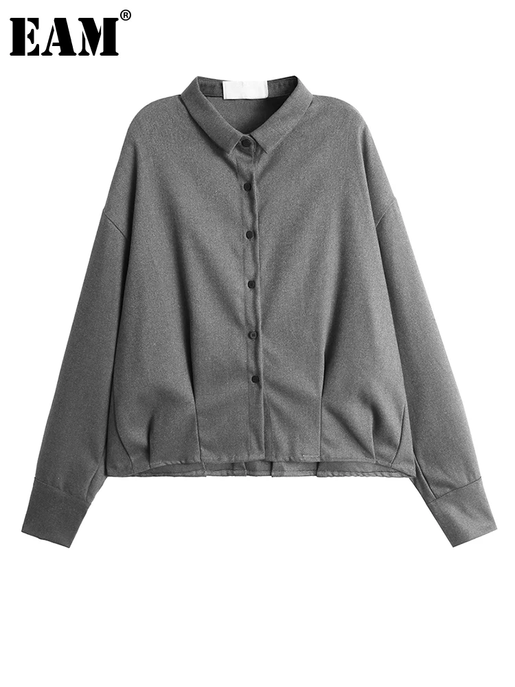 

[EAM] Women Gray Thick Big Size Casual Blouse New Lapel Long Sleeve Loose Fit Shirt Fashion Tide Spring Autumn 2022 1DF1858