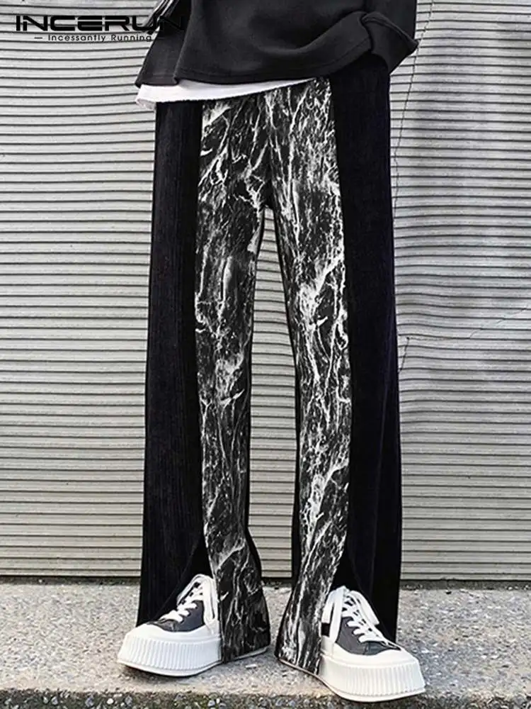 

INCERUN Fashion Men Pants Printed Patchwork Streetwear Loose Elastic Waist Split Hem Trousers Joggers 2022 Casual Pantalon S-5XL
